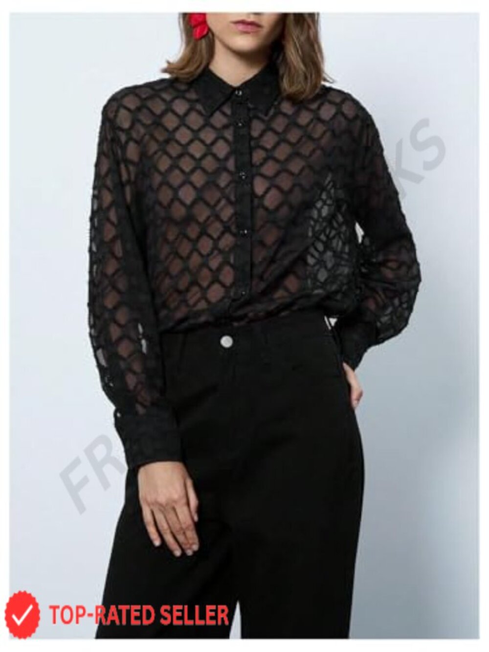 Long Sleeve Mesh Sheer Collared Button Down Blouse Top - Picture 3 of 5